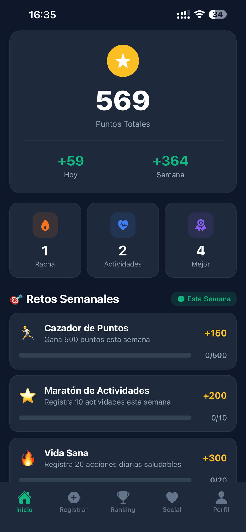 Pantalla de inicio GamiFitUp — puntos, nivel y racha