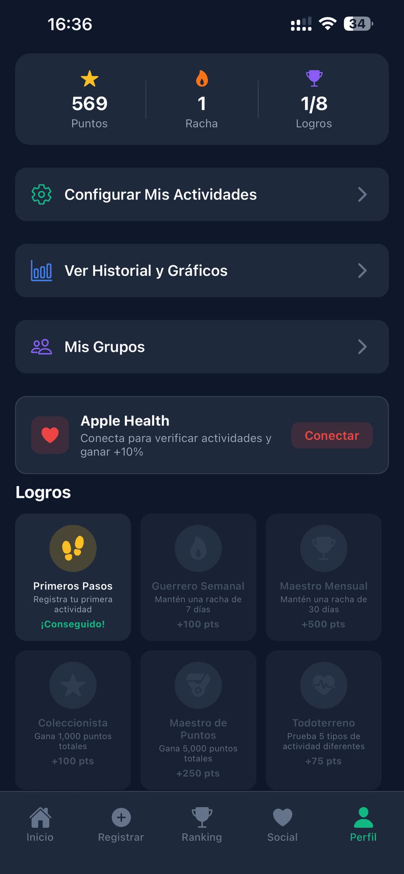 Perfil con logros y estadísticas en GamiFitUp